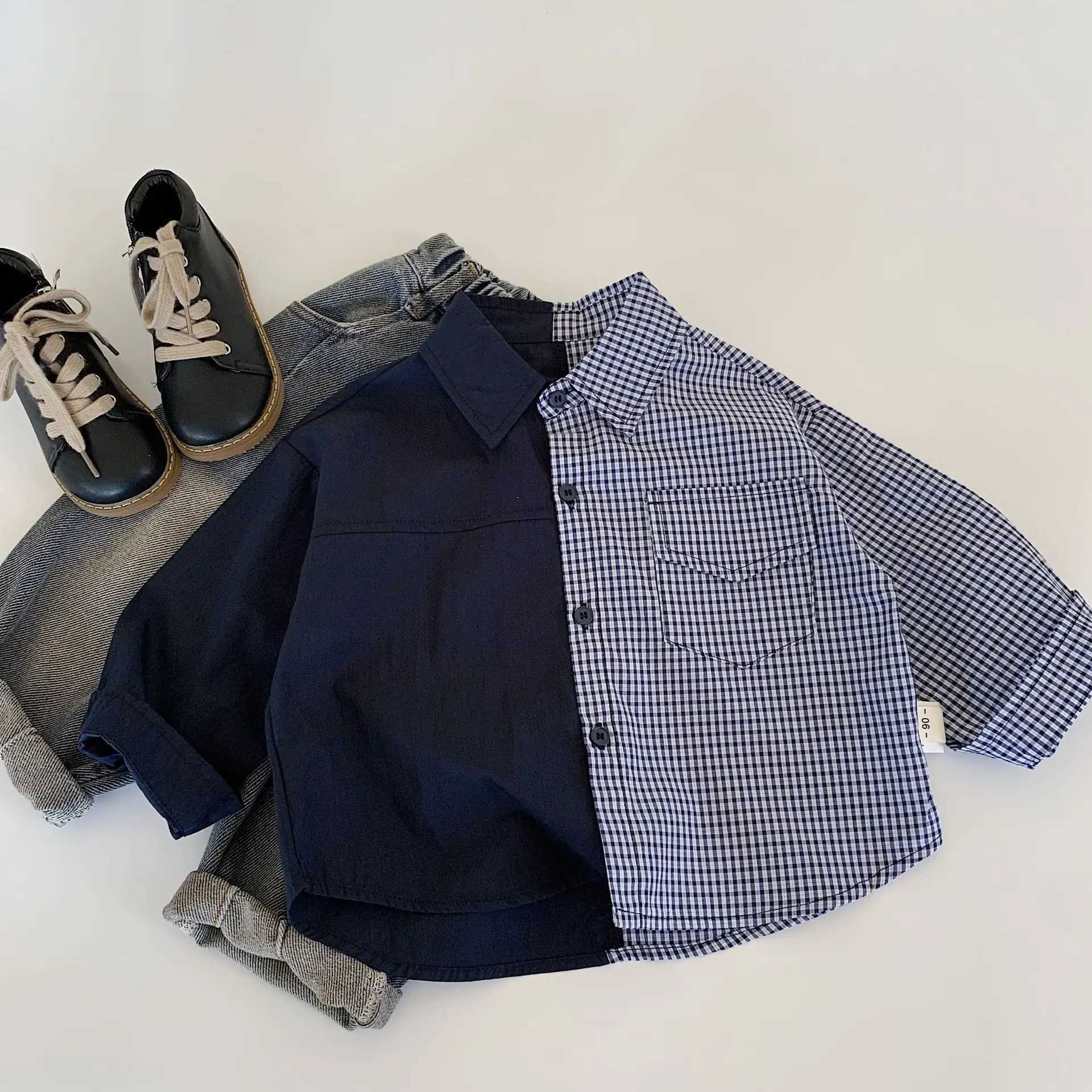 New Childrens Clothing 2025 Childrens Shirt Checkered Splicing Color Fashionable and Comfortable for Boys and Girls C251007