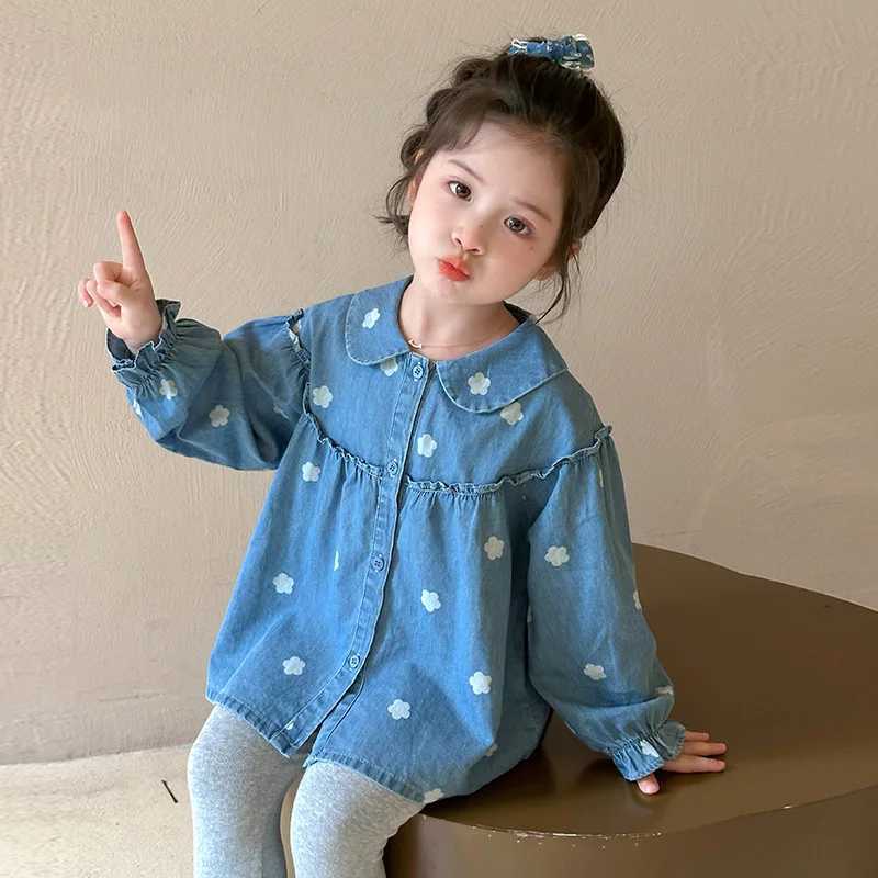 Girls Full Print Flower Denim Shirt Spring and Autumn 2025 New Childrens Korean Version Fashionable Little Girl Casual Top C251007