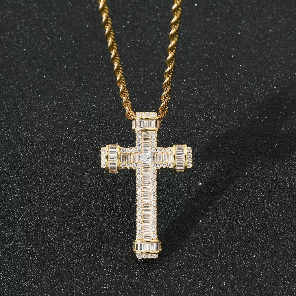 925 Silver Gold Fine Cross Pendants Charms 3D Design Cross Cut Setting VVS1 Diamond Custom Name Mens Pendant Fine Jewelry