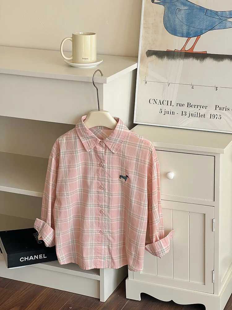 Pink Checkered Shirt Spring New Korean Allmatch Fashionable Cute Casual Sweet Plaid Shirt Coat Kids Clothes Girls C2510071