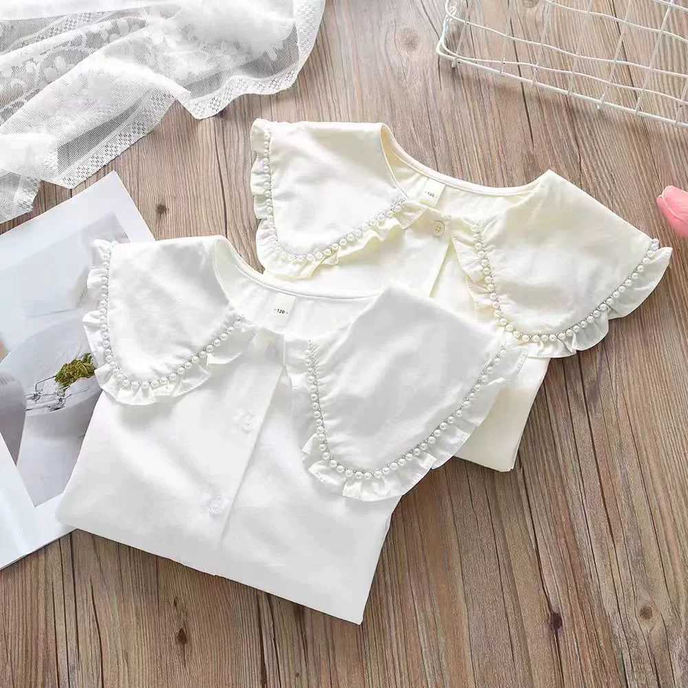 Girls Long Sleeved Shirt 2025 New Spring Girls Autumn Style Childrens Turn Down Collar Baby Girls Shirt Lace White Blouse C251007