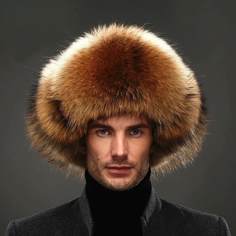 Winter Mens 100 Real Silver Fox Fur Bomber Hat Raccoon Fur Ushanka Cap Trapper Russian Man Ski Hats Caps Real Leather Top 250929
