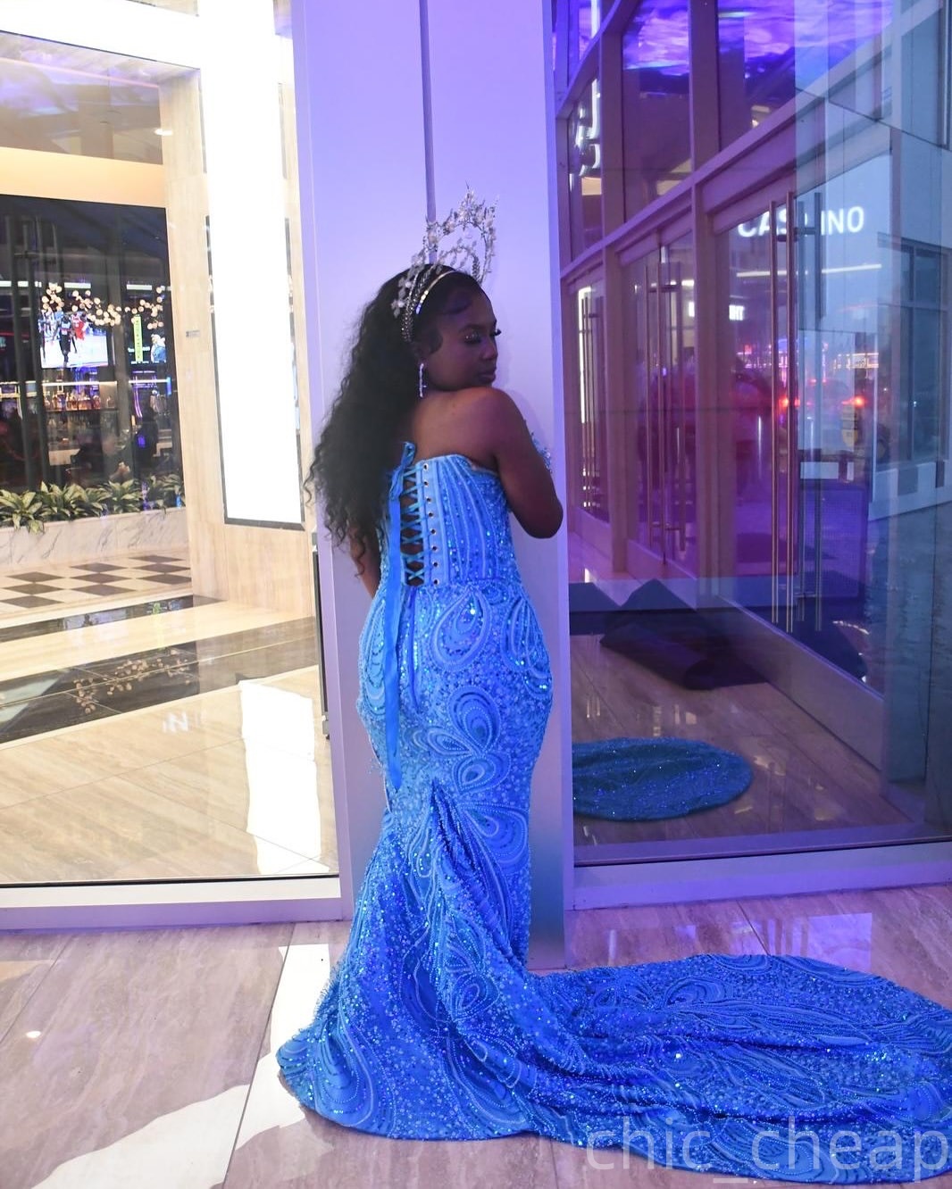 Sky Blue Mermaid Prom Dresses 2025 Florals Crystals Sequined Lace Evening Formal Party Second Birthday Engagement Gowns Plus Size Dress For Special Oc