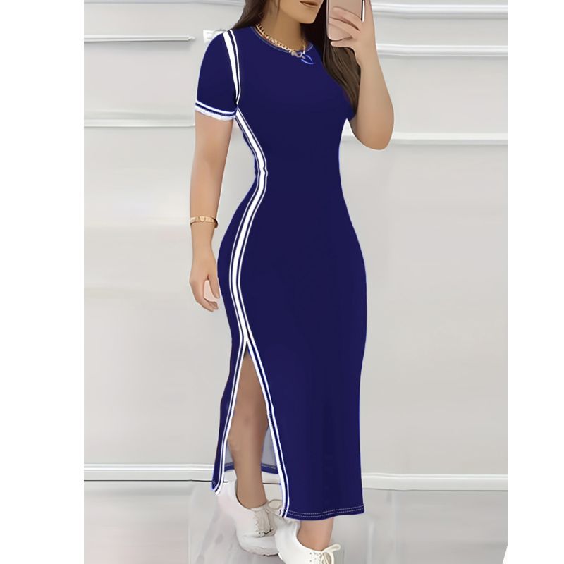 Women's Blue Striped Print Maxi Dress - Summer New Fashion-CF50713