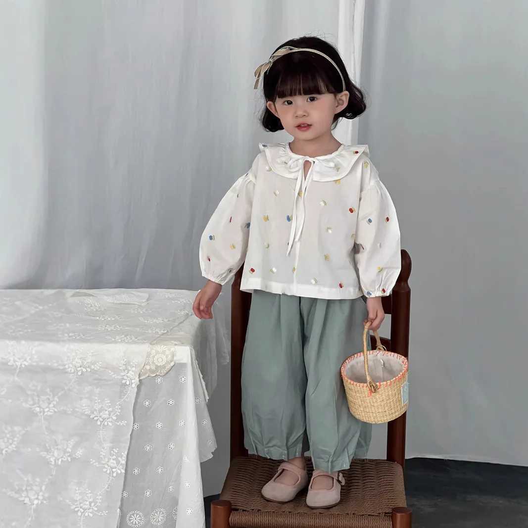 5722 Children Shirt Spring 2025 New Korean Girls Cotton Embroidered Lotus Leaf Collar Shirt Sweet Bottoming Shirt Tops C251007