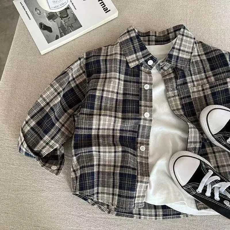 Children Shirt 2025 Autumn New Embroidered Plaid Shirt for Boys and Girls Baby Casual Simple Fashion Shirt Coat 90140CM C251007