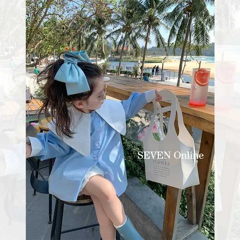 Girls KoreanStyle Stitching Contrast Color Shirt 2023 Spring New Children Fashionable Stylish Polo Collar Top C251007