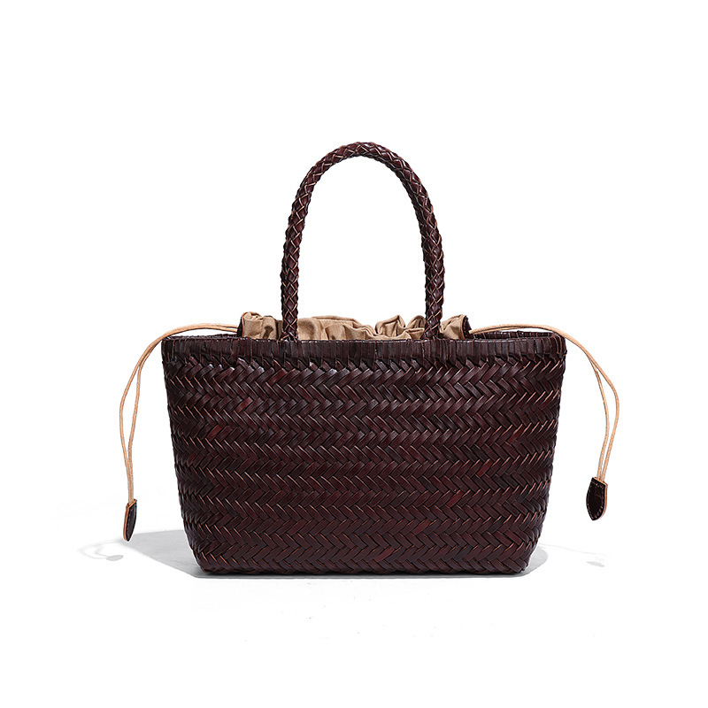 INS Soft Genuine Leather Women's Handbag French Style Basket First Layer Cowhide Handmade Rattan Woven Bag