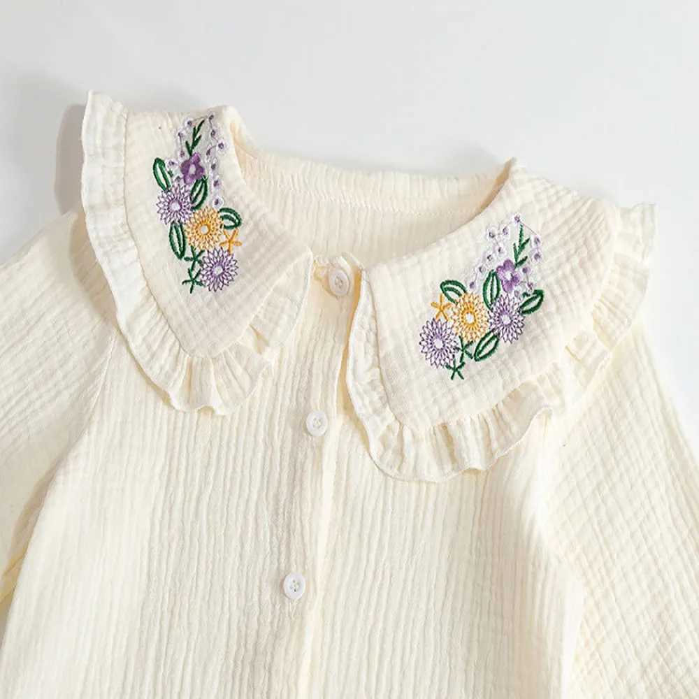 Floral Embroidery Baby Girls Shirts Spring Autumn Sweet Ruffles Peter Pan Collar Long Sleeve Shirts Kids Tops Children Clothes C251007