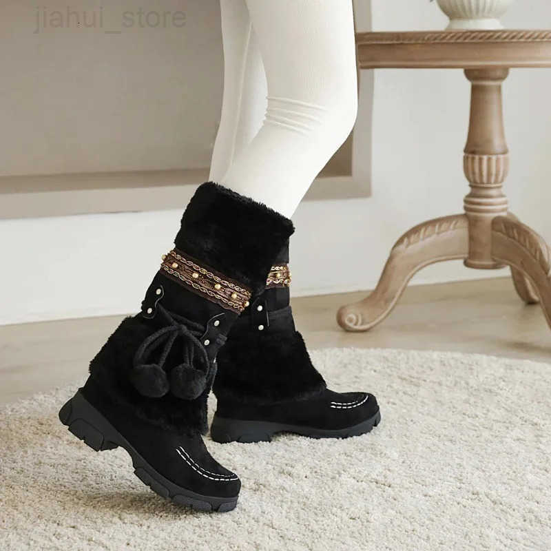 Winter Warm Mid Calf Womens Retro Snow Boots Vintage Ethnic Stylish Handmade Weaving Fuzzy Ball Decor Chunky Heeled Booties M251007
