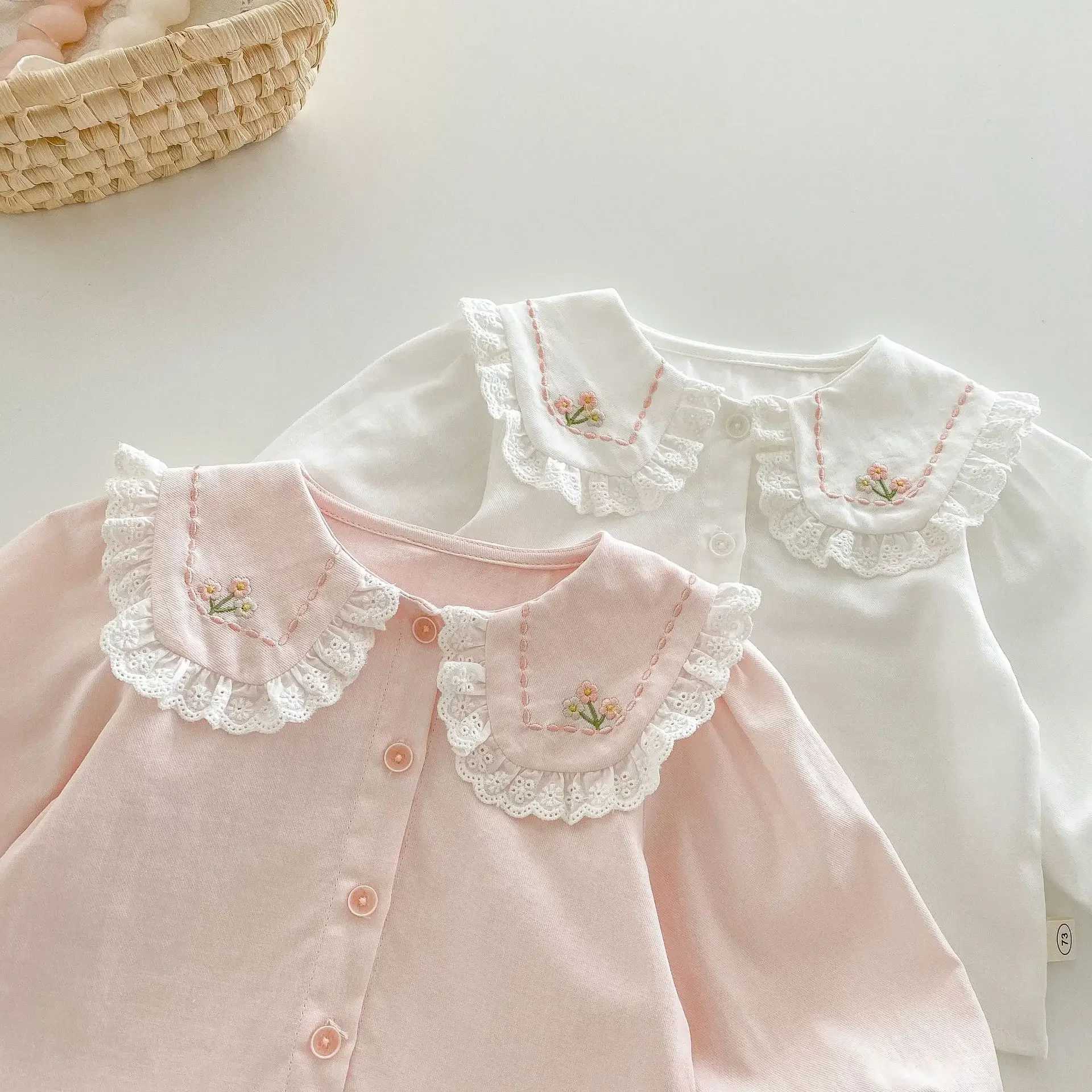 Spring Baby Girls Lace Blouses Kids White Pink Shirts 2025 Autumn Doll Collar Tops Childrens Embroidery Clothing Korean Style C251007
