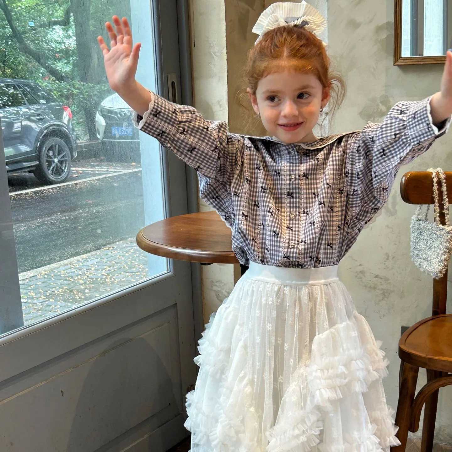 2025 Childrens Clothing Girls Autumn New Fashionable Gentle and Generous Collar Flip Collar Checkered Bow Top C251007