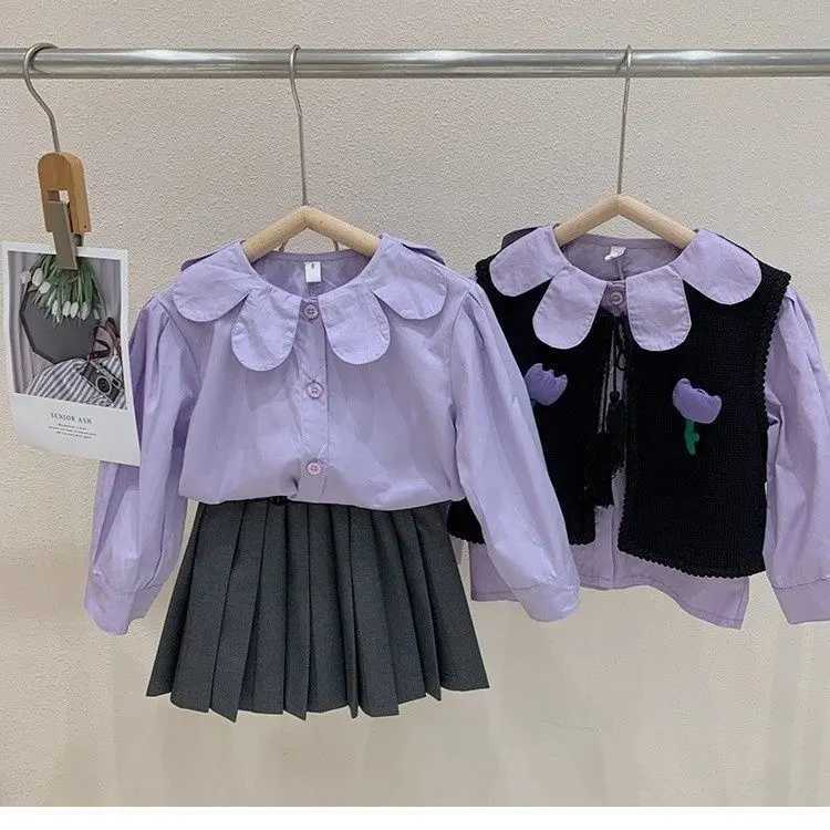 2023 Baby Girls Purple Shirts Blouses Fashion Kids Girl Petals Collar Spring Autumn Tops Children Birthday Princess Clothes C251007