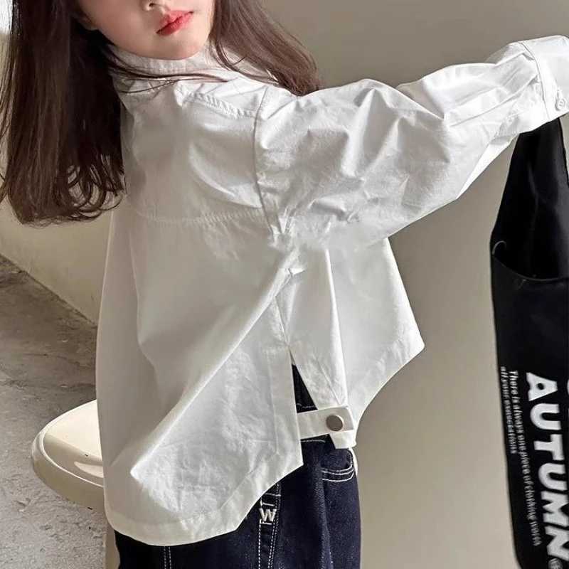 Slit Shirt 2025 Spring and Summer New Korean Fashion Casual Solid Color Allmatch Rear Split Shirt Girls Clothes C251007