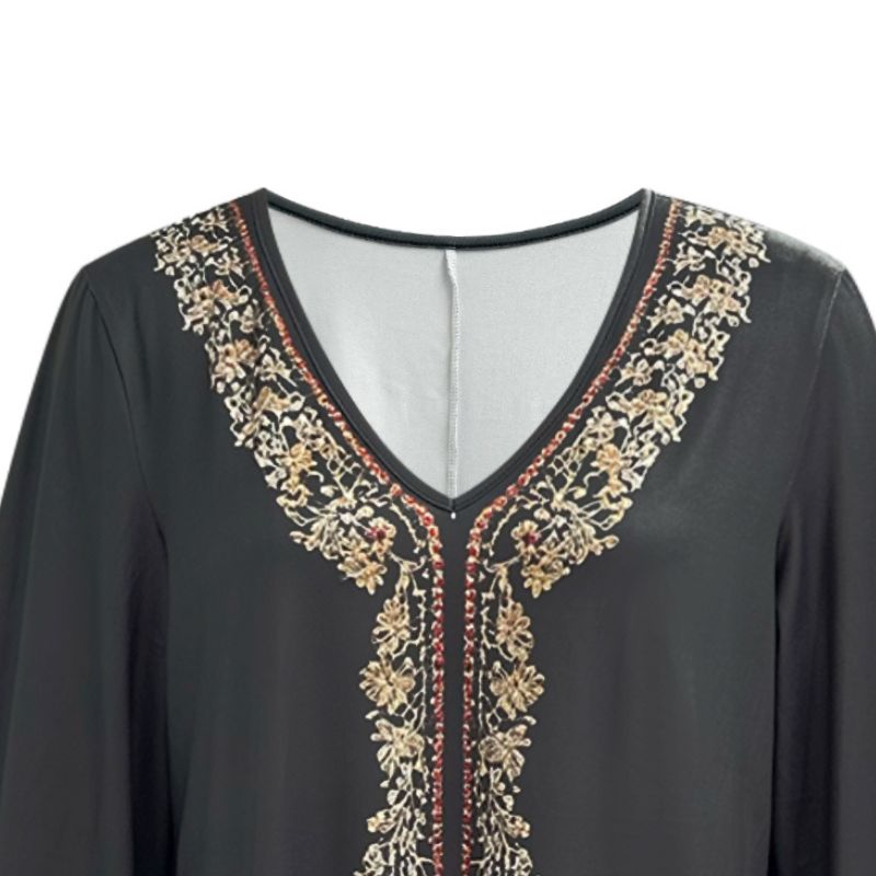 Women's Ethnic Embroidery Long Sleeve Dress - Autumn Winter Vintage V-Neck Milk Silk Casual Daily Dress-CF52924