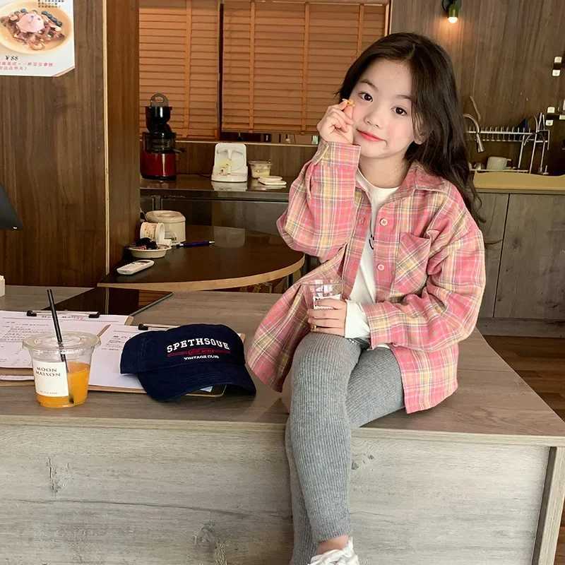 2023 Autumn New Fashionable Pink Plaid Sweet Girls Shirt Top Children Clothing Girls Shirt Coat Korean Style Long Sleeved C251007
