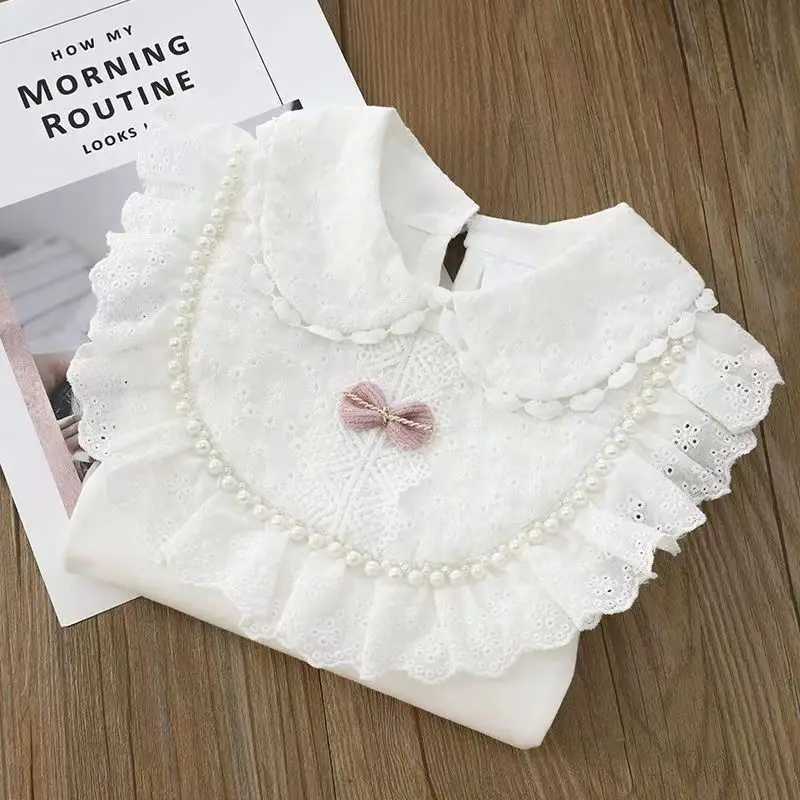 Girls White Tshirt top Autumn Childrens Lapel Shirt Middle And Big Girls Standing Collar Lace Longsleeved Bottom Shirt C251007