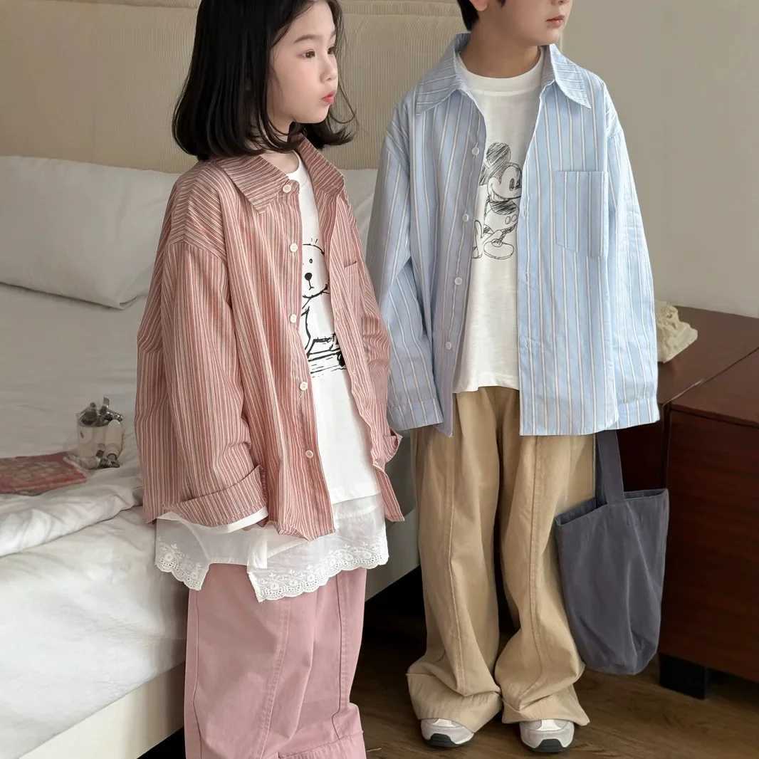 Childrens Shirt 2025 Spring New Korean Fashion Casual Vertical Stripe Collar Long Sleeve Shirt Kids Clothes C251007