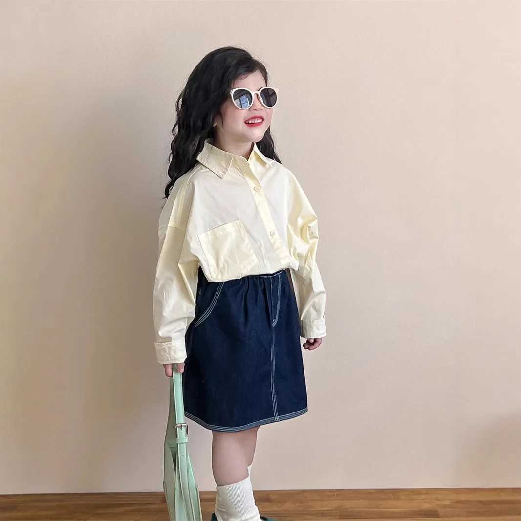 Japanese casual boys girls spring and autumn light yellow cotton puppy embroidered arc pendulum longsleeved fashionable shirt C251007