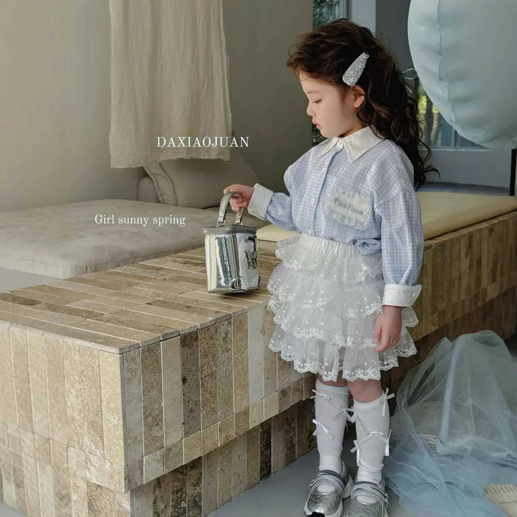 20 25 new girls Korean period plaid lace labeled small fresh shirt girls blouse children shirts C251007