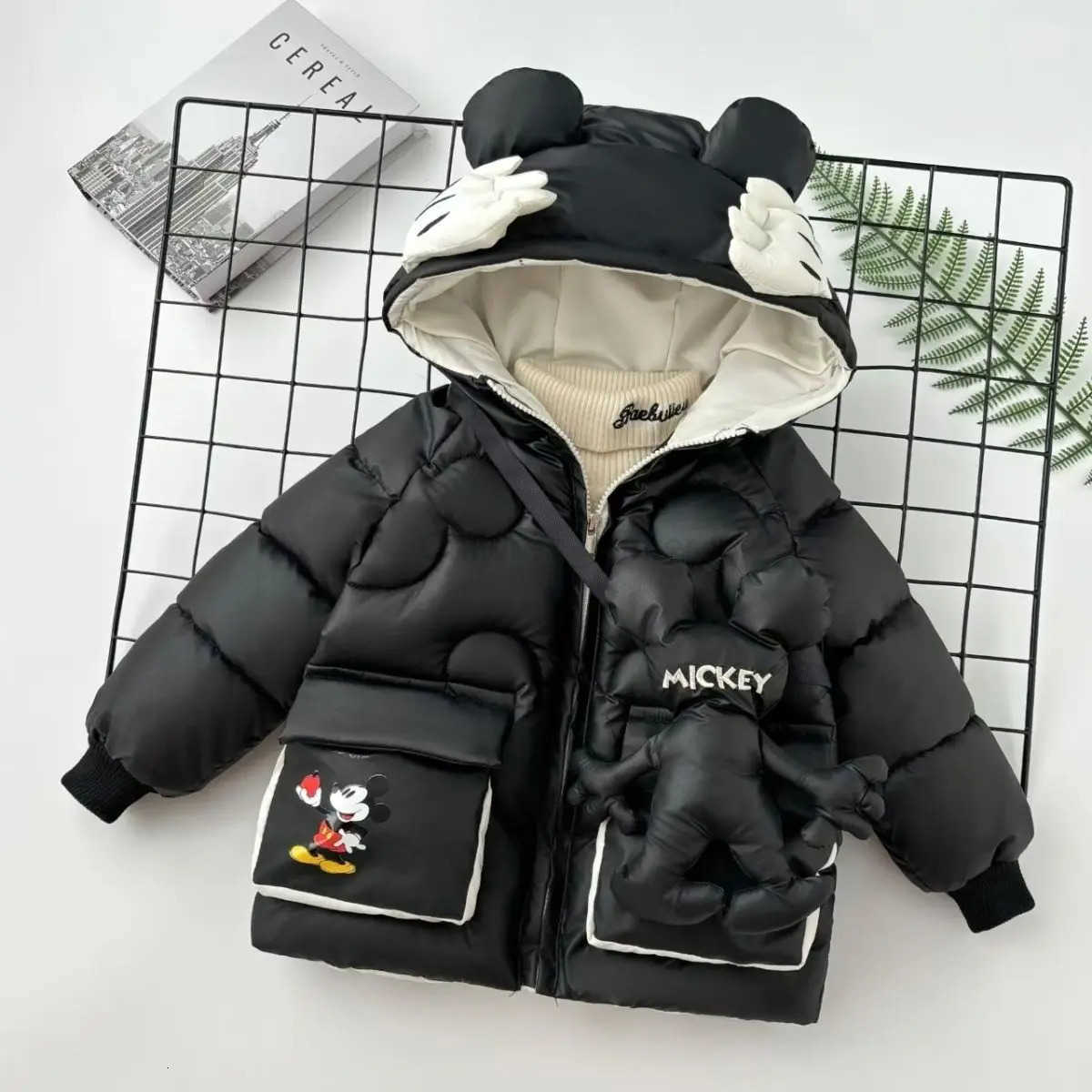 Disney Baby Boy Girl Down Jacket Autumn Winter Children Mickey Mouse Cartoon Thicken Cotton Coat With Bag Toddler Kids Hooded Outerwear H251007