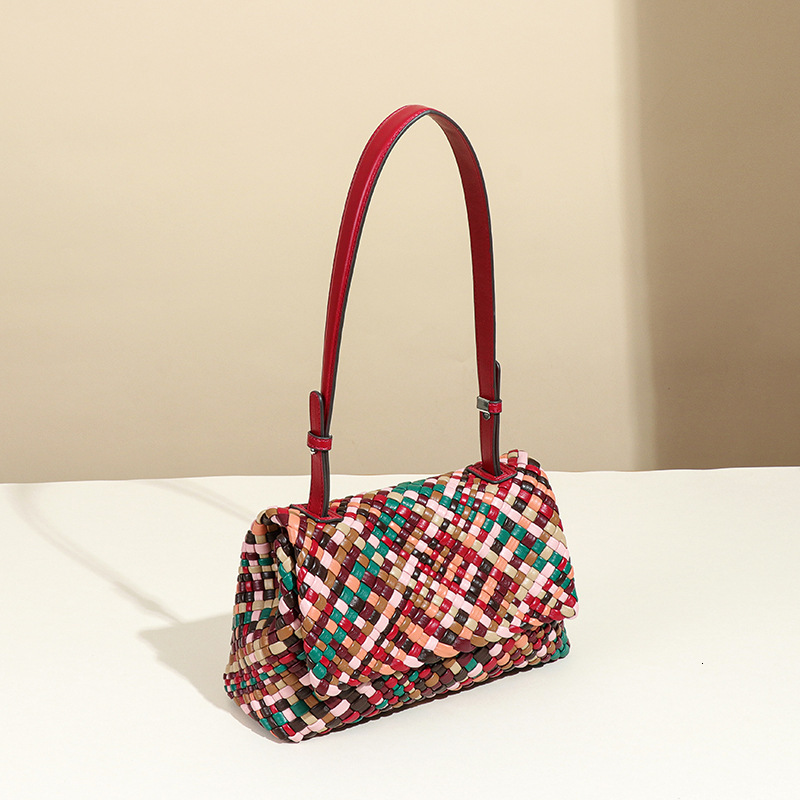 High-End Color-Block Handmade Rainbow Woven Unique Niche Shoulder Crossbody Flap Underarm Bag