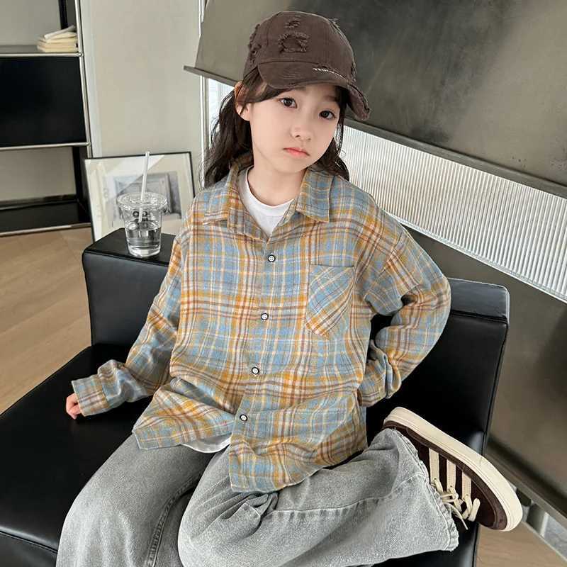 Korean Child Long Sleeve Plaid Blouse For Girls Casual Cotton Shirt with Pocket Teenage School Kids Spring Clothing Outfits C251007