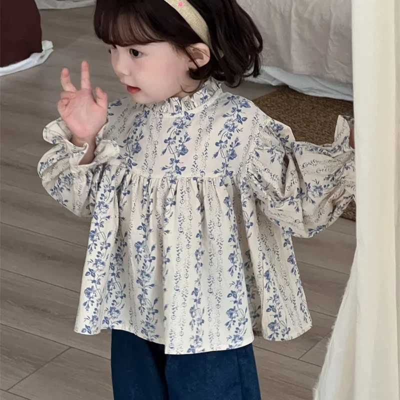 Broken Flower Shirt Spring and Autumn New Korean Fashion Broken Flower Lace Collar Bubble Sleeve Shirt Girls Clothes C251007
