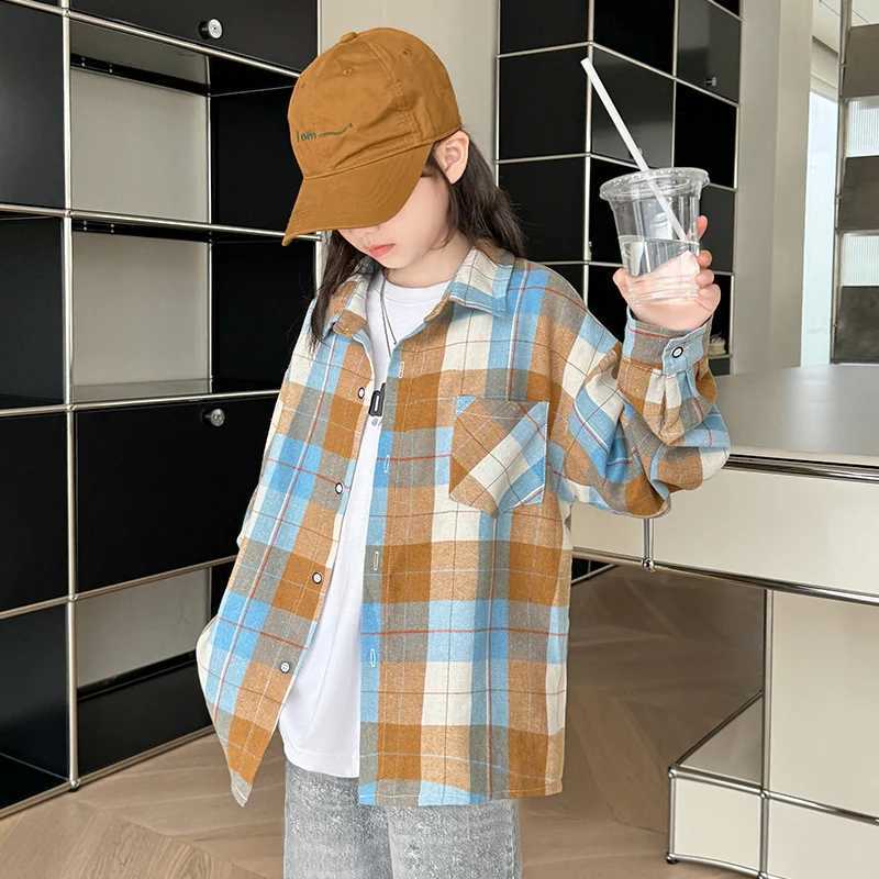 Korean Style Teen Girls Long Sleeve Plaid Shirt with Pocket Kids New Fashion Streetwear Outerwear Child Cotton Blouse Age 514Y C251007