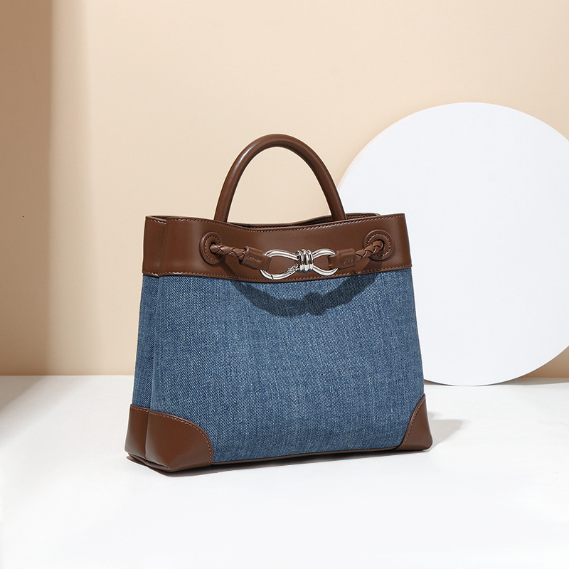 Niche Canvas Patchwork Eight-Character Buckle Metal Bowknot Tote Simple Denim Color-Block Handheld Crossbody Mommy Bag