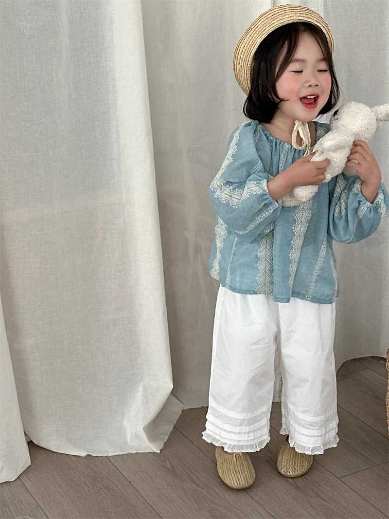 2024 Spring New Products Girls Embroidered Solid Color Shirt Korean Version Childrens Foreign Style Fresh Crew Neck Top C251007