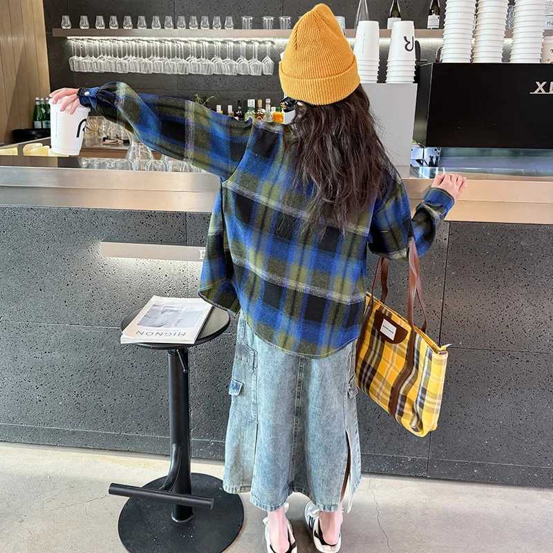 Spring Child Long Sleeve Plaid Shirts for Girls Fashion High Street Outerwear Teenage Kids Cotton Plaid Blouse 5 7 9 11 13 14 Y C251007