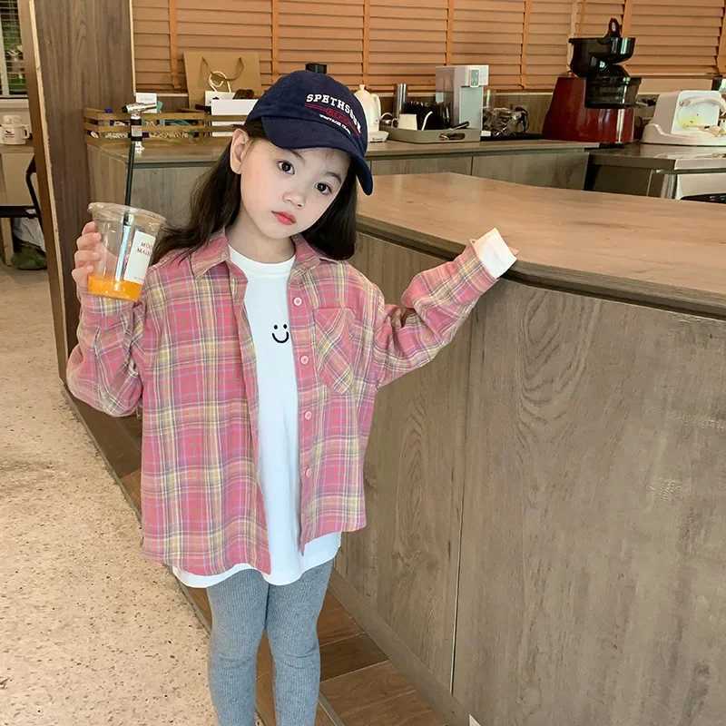 2023 Autumn New Fashionable Pink Plaid Sweet Girls Shirt Top Children Clothing Girls Shirt Coat Korean Style Long Sleeved C251007