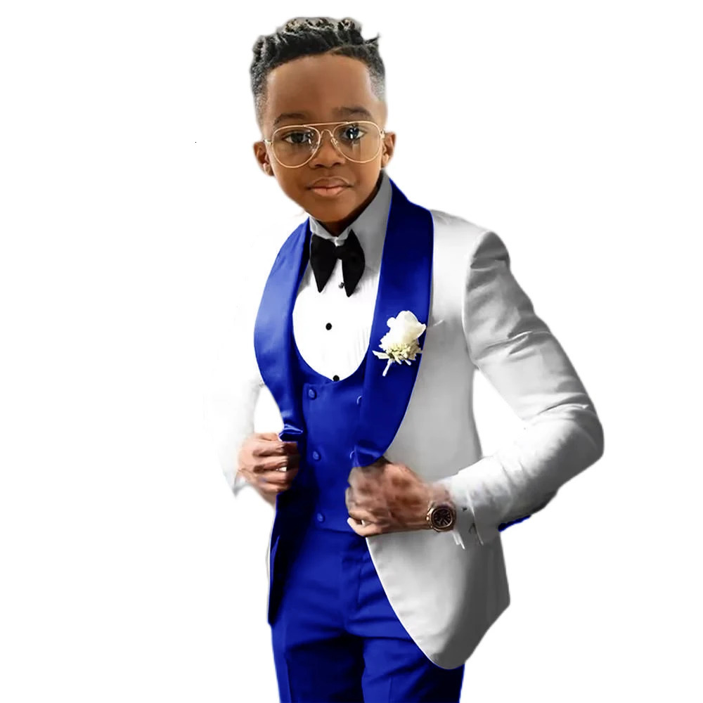 Suit for Boys Wedding Tuxedo 3 Piece White Jacket Royal Blue Pants Vest Kids Blazer Set Slim Fit Tailored Outfit 250922