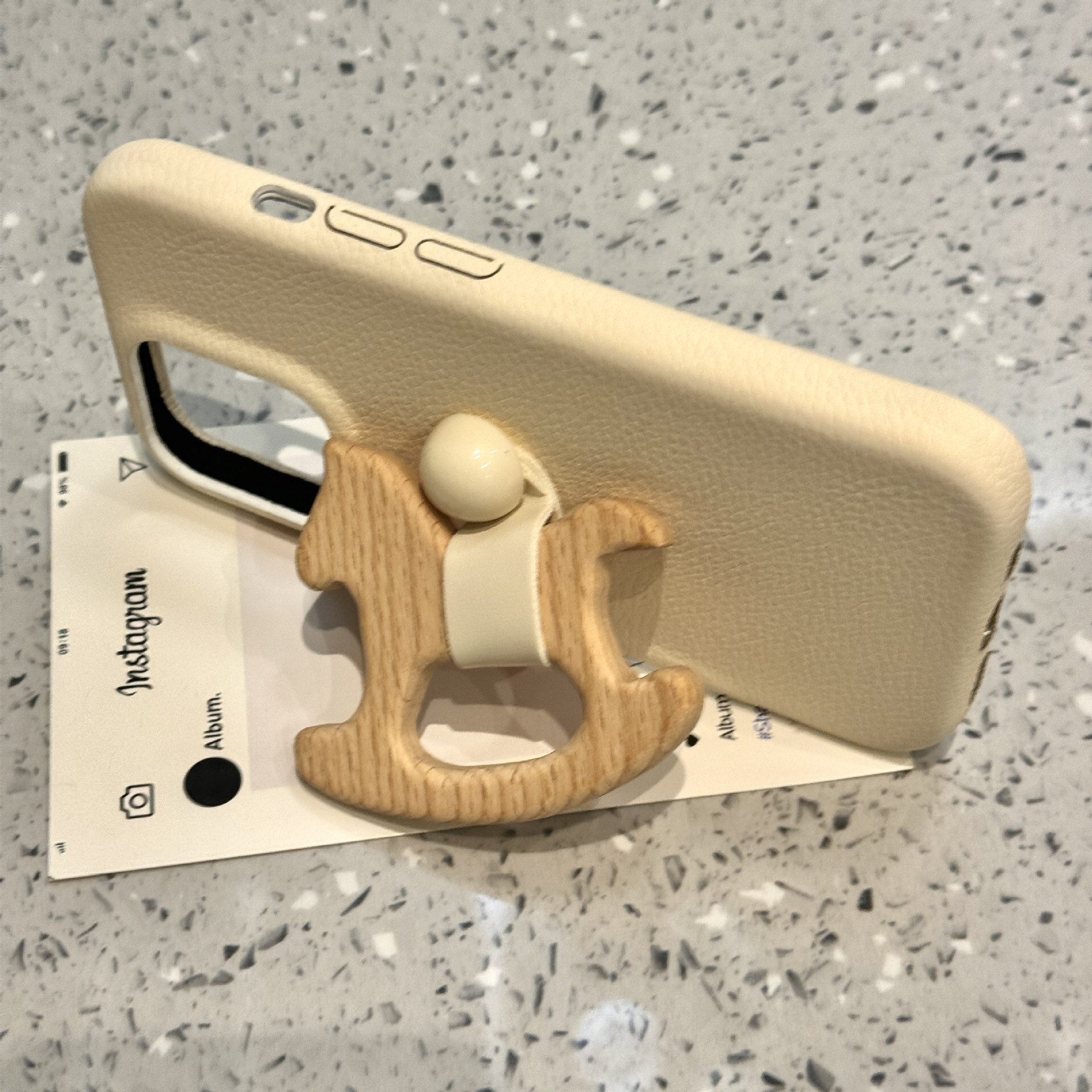 for iPhone 16 Pro Max Case with 3D Wooden Horse Ring Holder Kickstand Leather Touch Comfortable Handcrafted Cover for iPhone phone case