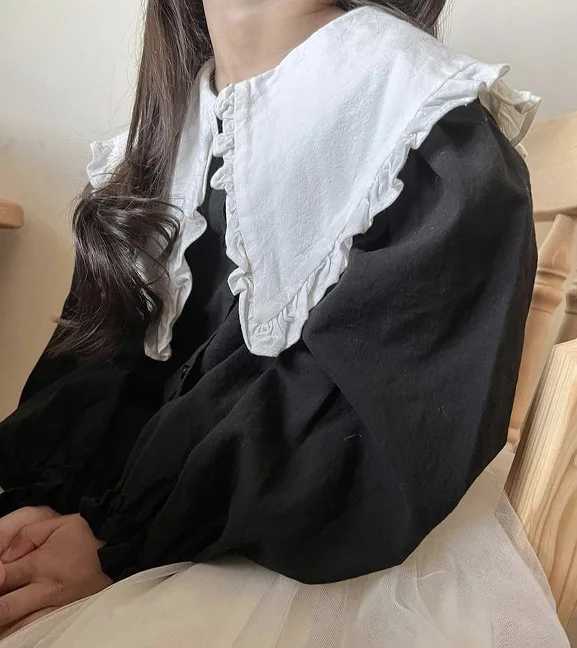 Blouses Girl Spring Autumn Black White Splicing Lotus Leaf Edge Collar Causal Long Sleeves Shirt Cotton Hemp Tops 2024 C251007