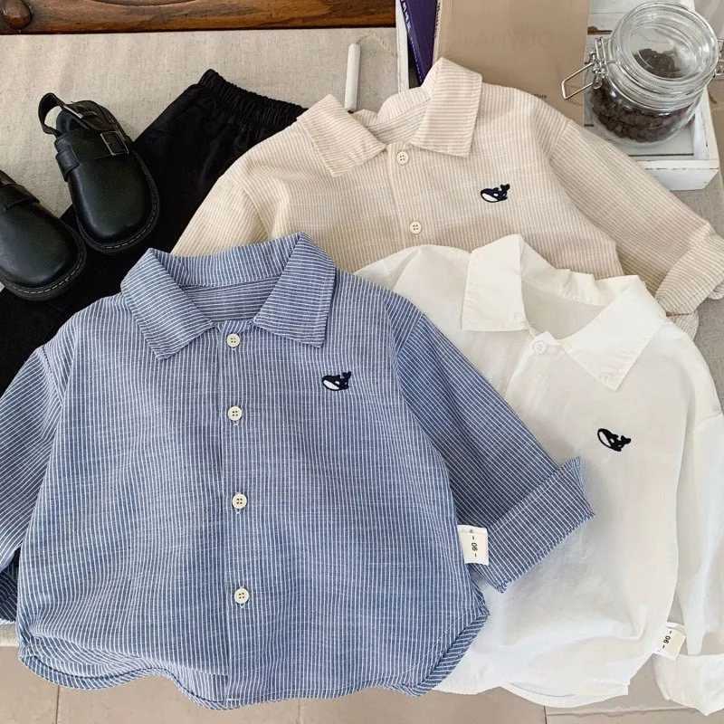 27Y Kids Shirts Small Fish Embroidery Stripe Boy Cardigan Cotton Turndown Collar Childrens Clothing Long Sleeve Shirt Blouses C251007