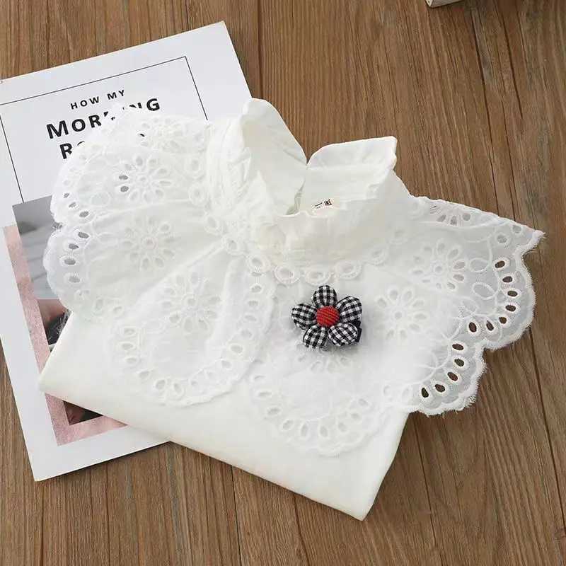 Girls White Tshirt top Autumn Childrens Lapel Shirt Middle And Big Girls Standing Collar Lace Longsleeved Bottom Shirt C251007