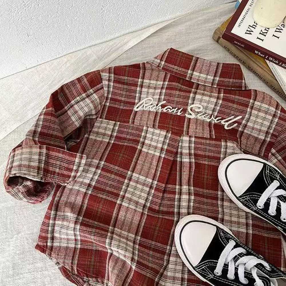 Children Shirt 2025 Autumn New Embroidered Plaid Shirt for Boys and Girls Baby Casual Simple Fashion Shirt Coat 90140CM C251007