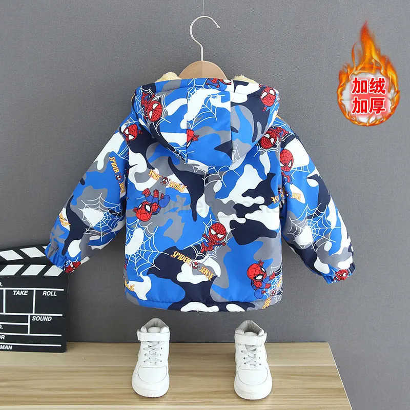 Disney Winter Childrens Parkas Coat Kids Boys Cartoon Spider Man Full Print Hoodie Jacket Toddler Thicken Plush Warm Outerwear Clothes H251007