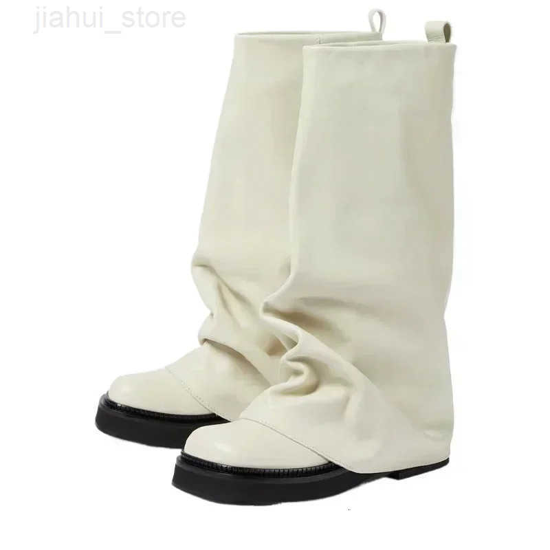 New Large Walled Flat Bottomed Round Toe Sleeve Knee High Pleated Womens Boots Retro Knight Boots Shoes for Women M251007