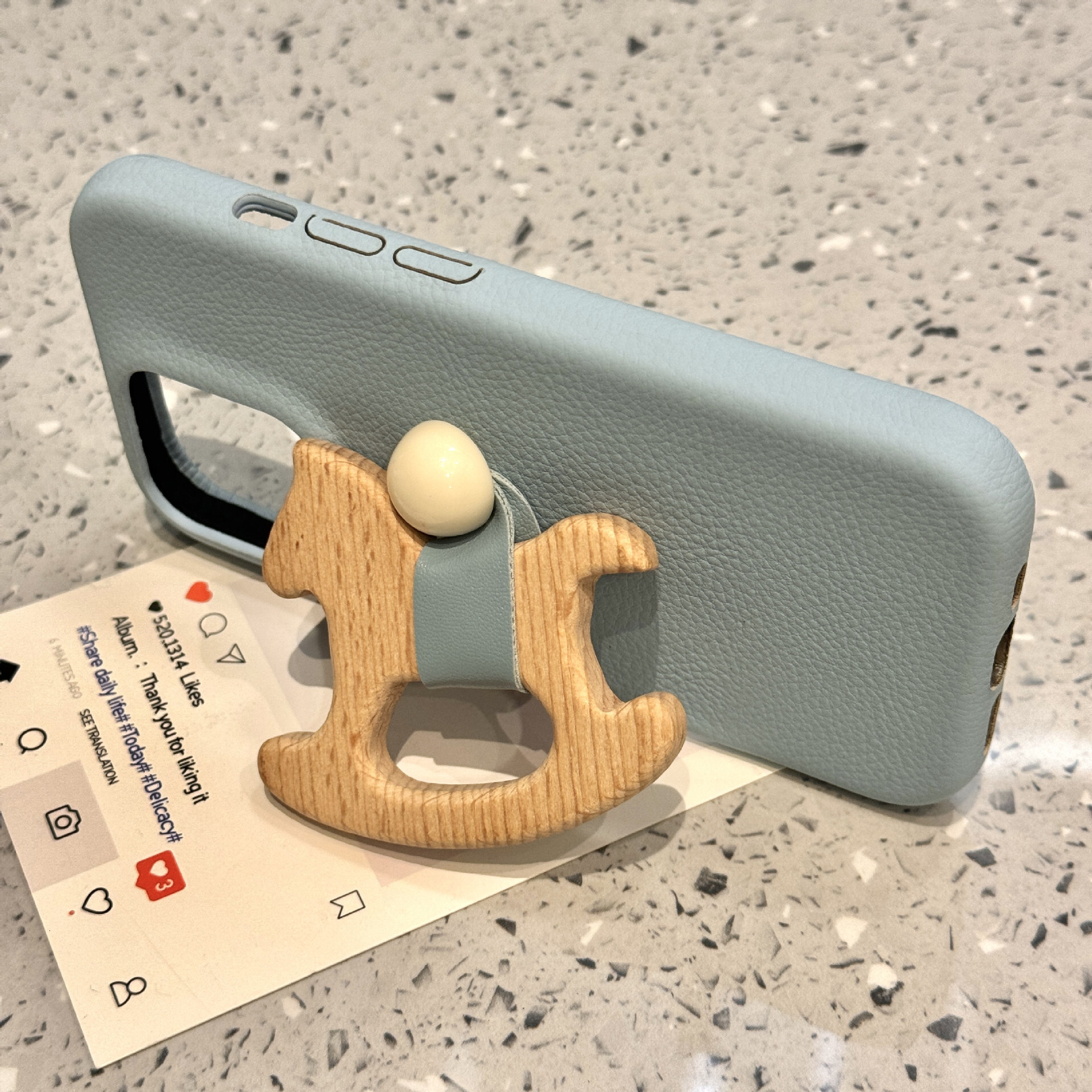 for iPhone 16 Pro Max Case with 3D Wooden Horse Ring Holder Kickstand Leather Touch Comfortable Handcrafted Cover for iPhone phone case