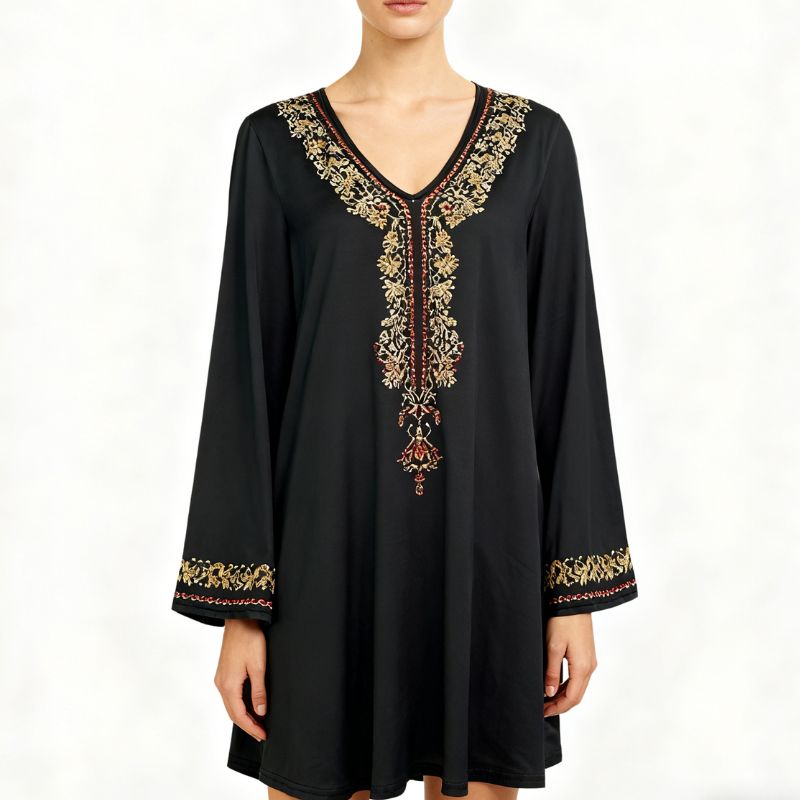 Women's Ethnic Embroidery Long Sleeve Dress - Autumn Winter Vintage V-Neck Milk Silk Casual Daily Dress-CF52924