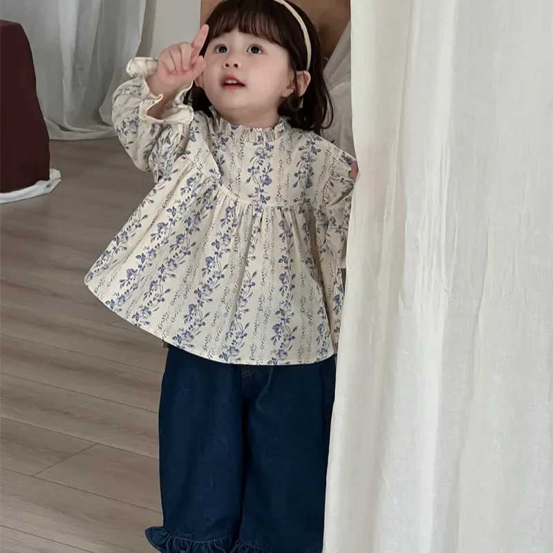 Broken Flower Shirt Spring and Autumn New Korean Fashion Broken Flower Lace Collar Bubble Sleeve Shirt Girls Clothes C251007