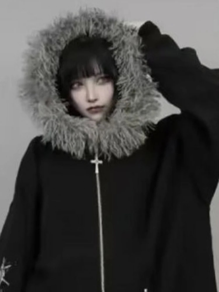 Japanese Punk Fur Patchwork Hooded Coat Y2k Aesthetic Women Printing Oversized Hoodies Csual Grunge Double Zippers Sweatshirts 250930 - view 6