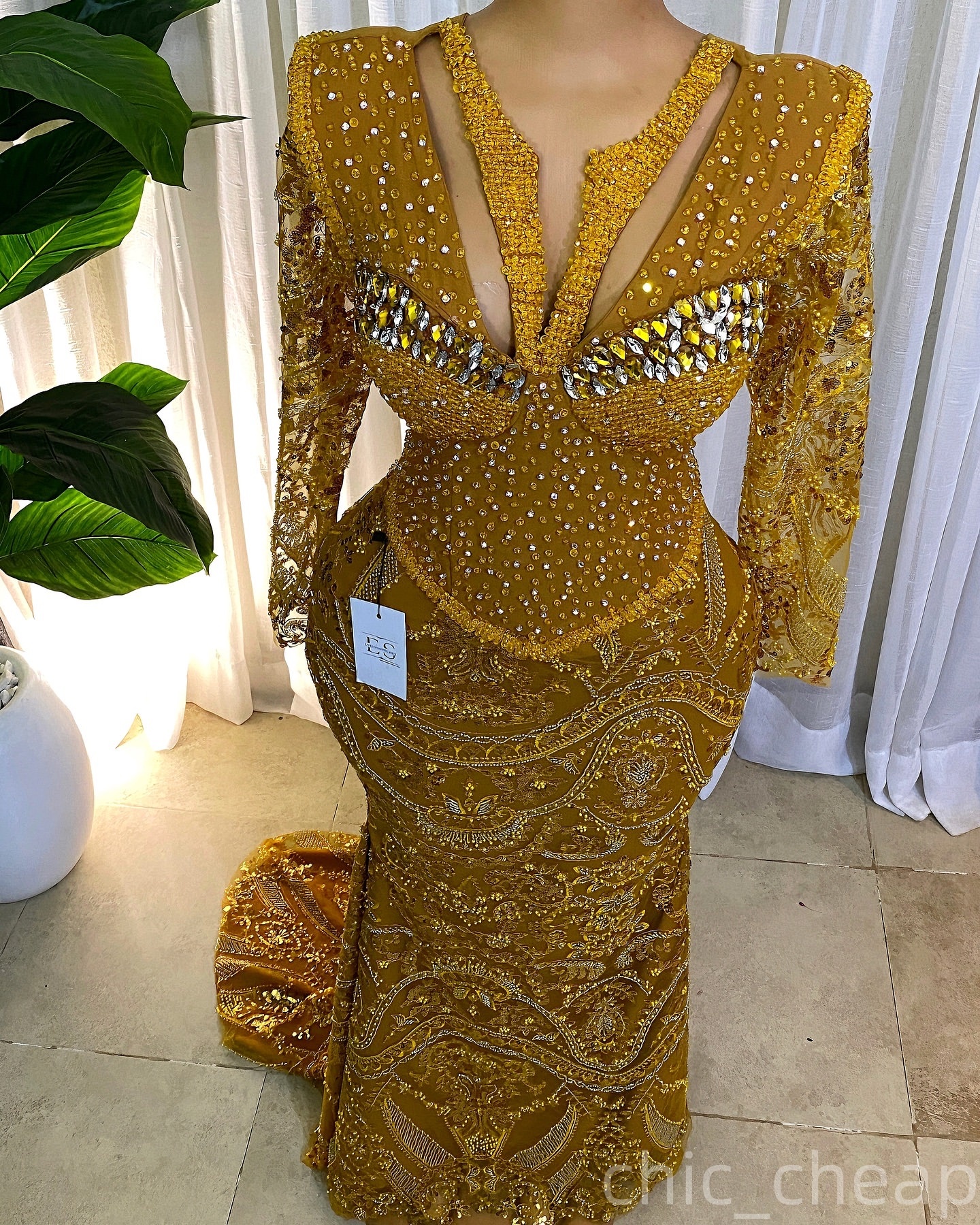 Gold Mermaid Prom Dresses 2025 Lace Crystals V-neck Full Sleeves Evening Formal Party Second Birthday Engagement Gowns Plus Size Dress For Special Occ
