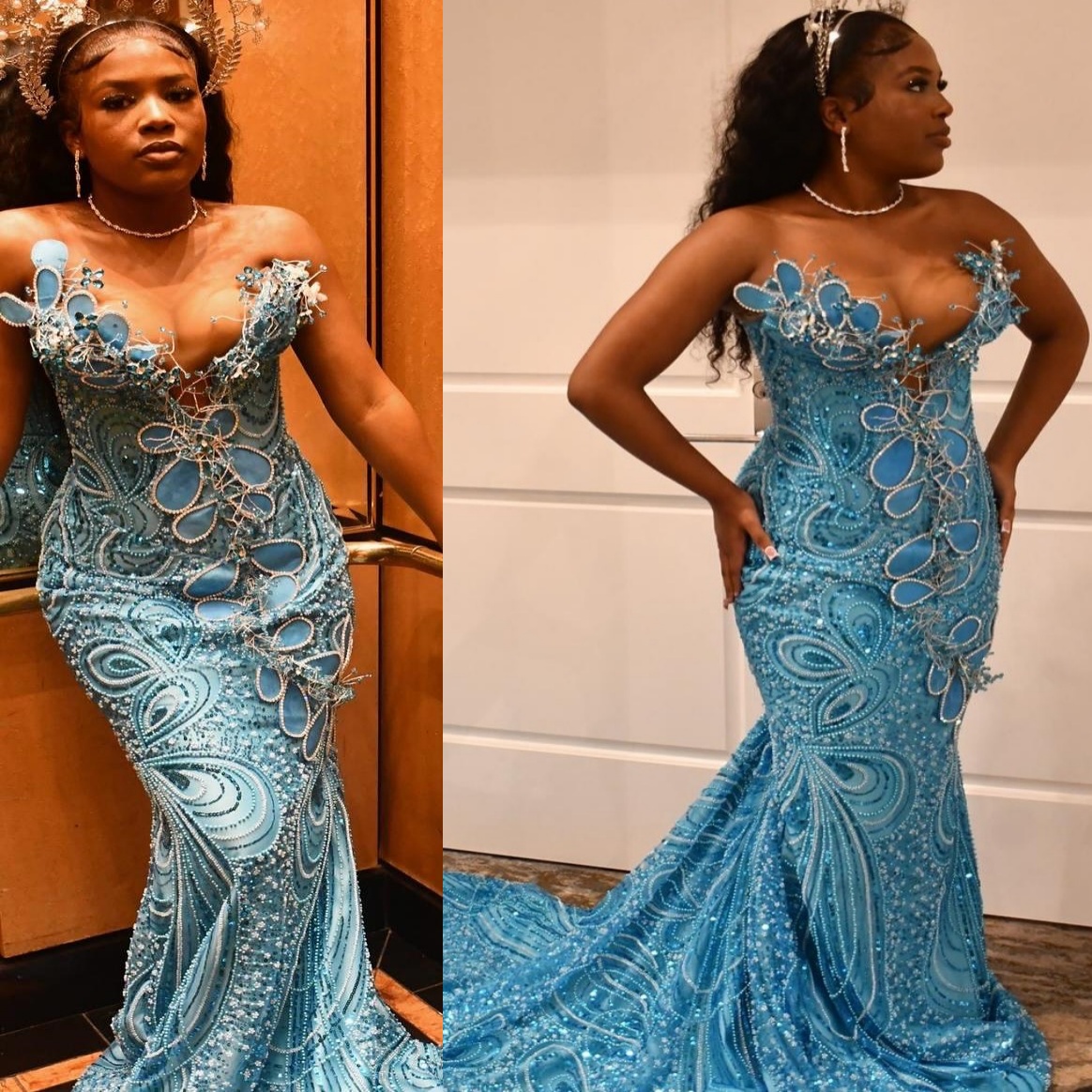 Sky Blue Mermaid Prom Dresses 2025 Florals Crystals Sequined Lace Evening Formal Party Second Birthday Engagement Gowns Plus Size Dress For Special Oc