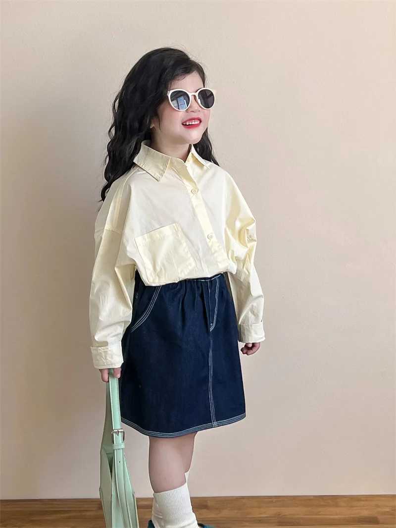 Japanese casual boys girls spring and autumn light yellow cotton puppy embroidered arc pendulum longsleeved fashionable shirt C251007