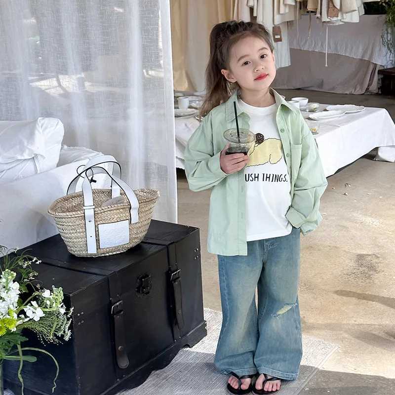 Children Clothing 2024 Spring New Children Fashion Versatile Shirt Boys and Girls Solid Color Lapel Shirt Jacket Simple C251007