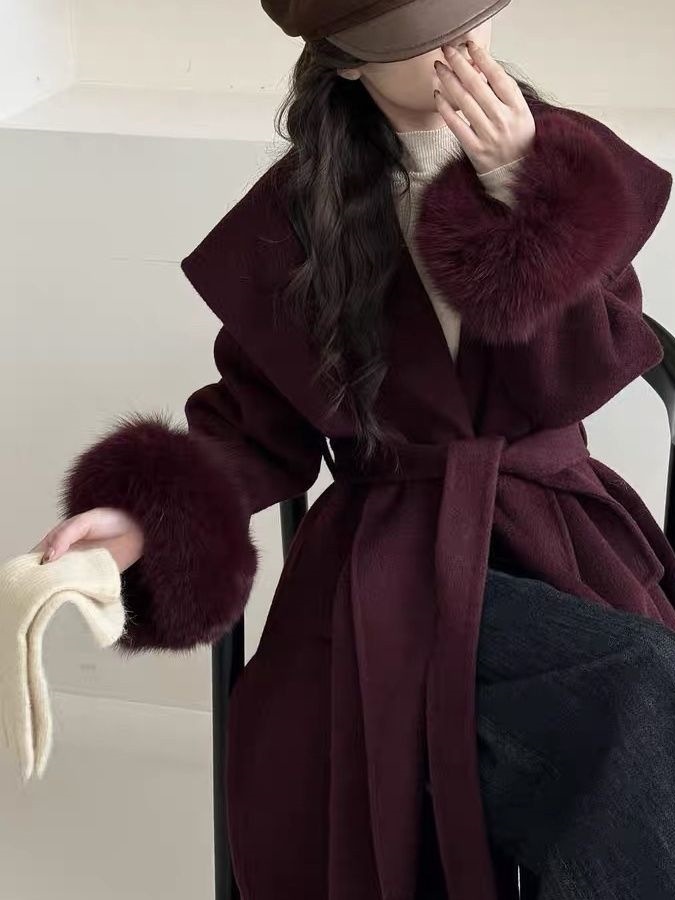 EAM wine red fur cuffs large size long wool coat hooded long sleeved womens jacket fashionable trend winter CPG2467 241205